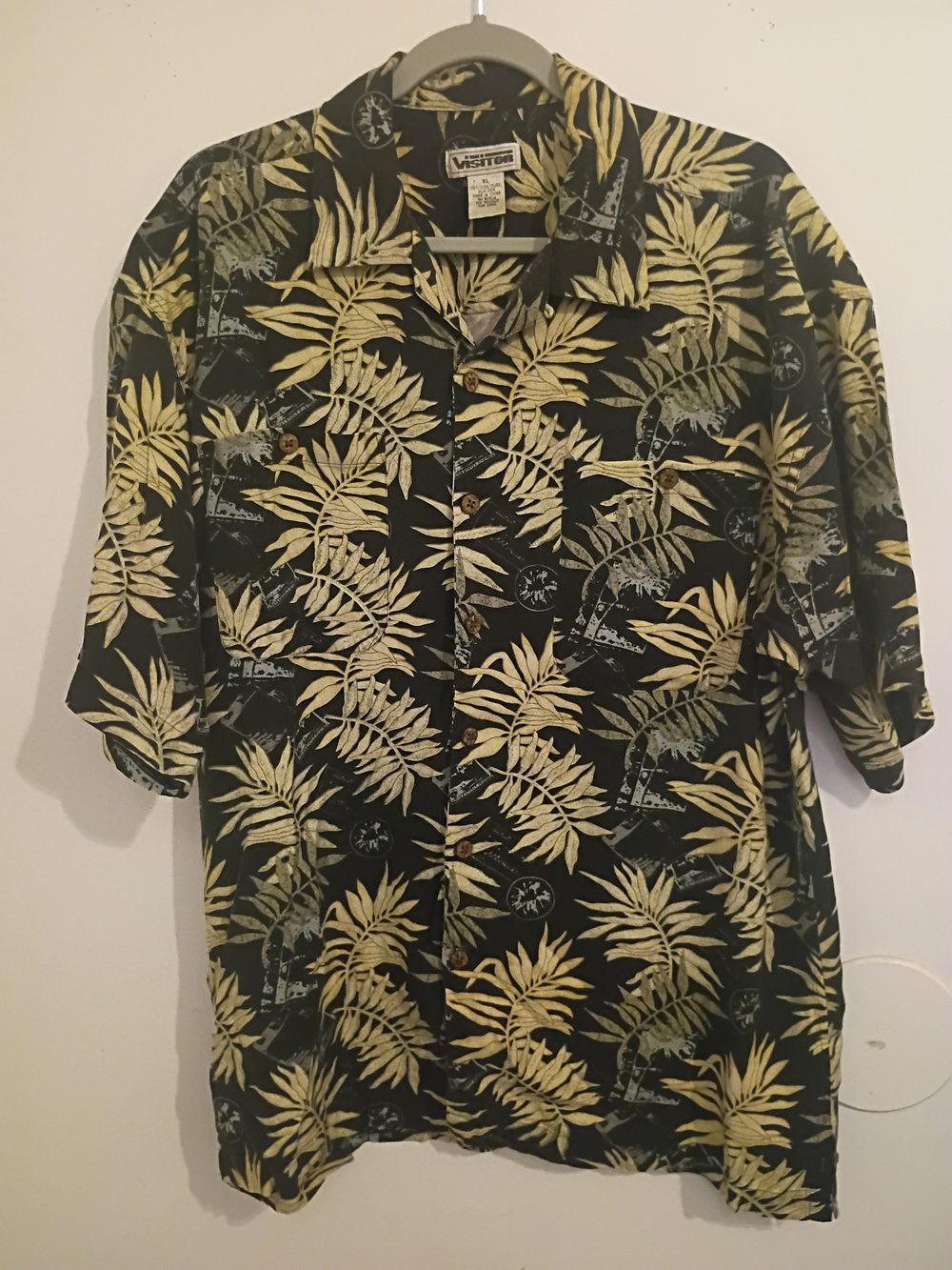 Visitor‎ Men's Black & Olive Tropical Print Short-Sleeve Shirt 100% Silk Sz XL